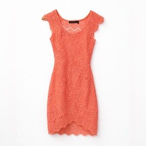 You Are Not Alone Coral Lace Crochet Bodycon Fitted Boho Cap Sleeve Mini Dress S